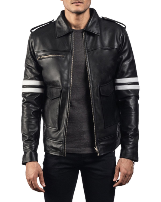 Men's Black Biker With White Stripes Leather Jacket