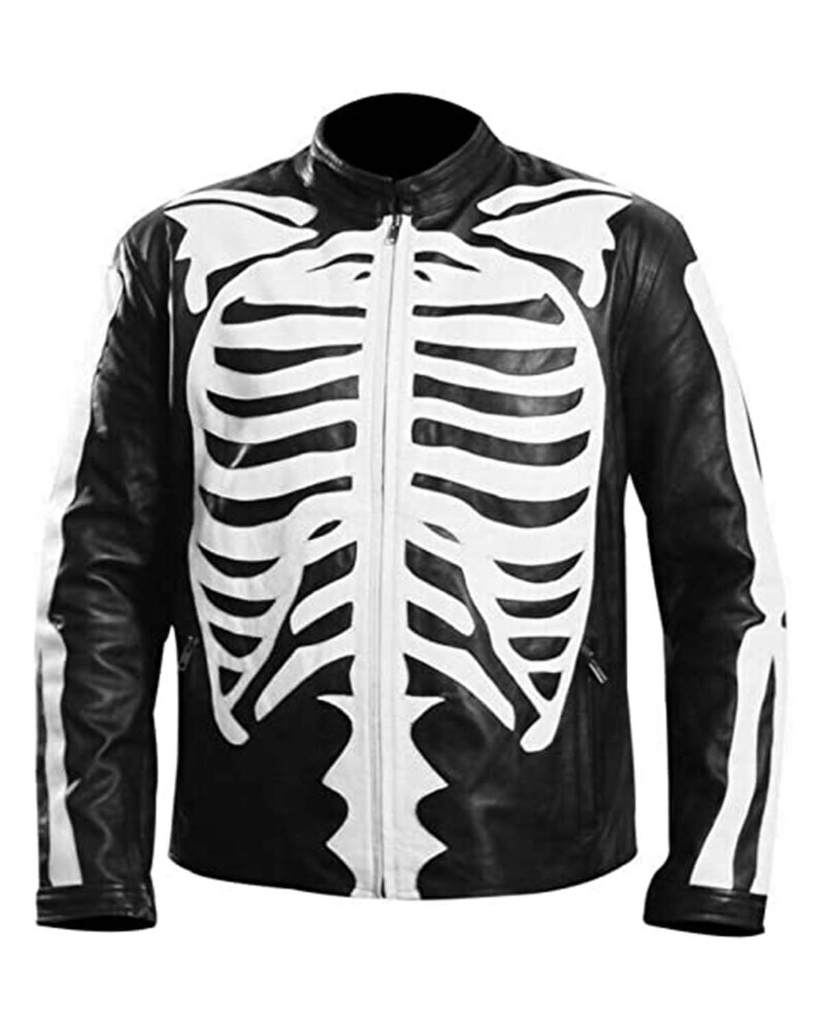 Men's Motorcycle Biker Skeleton Bones Leather Jacket Black/Blue