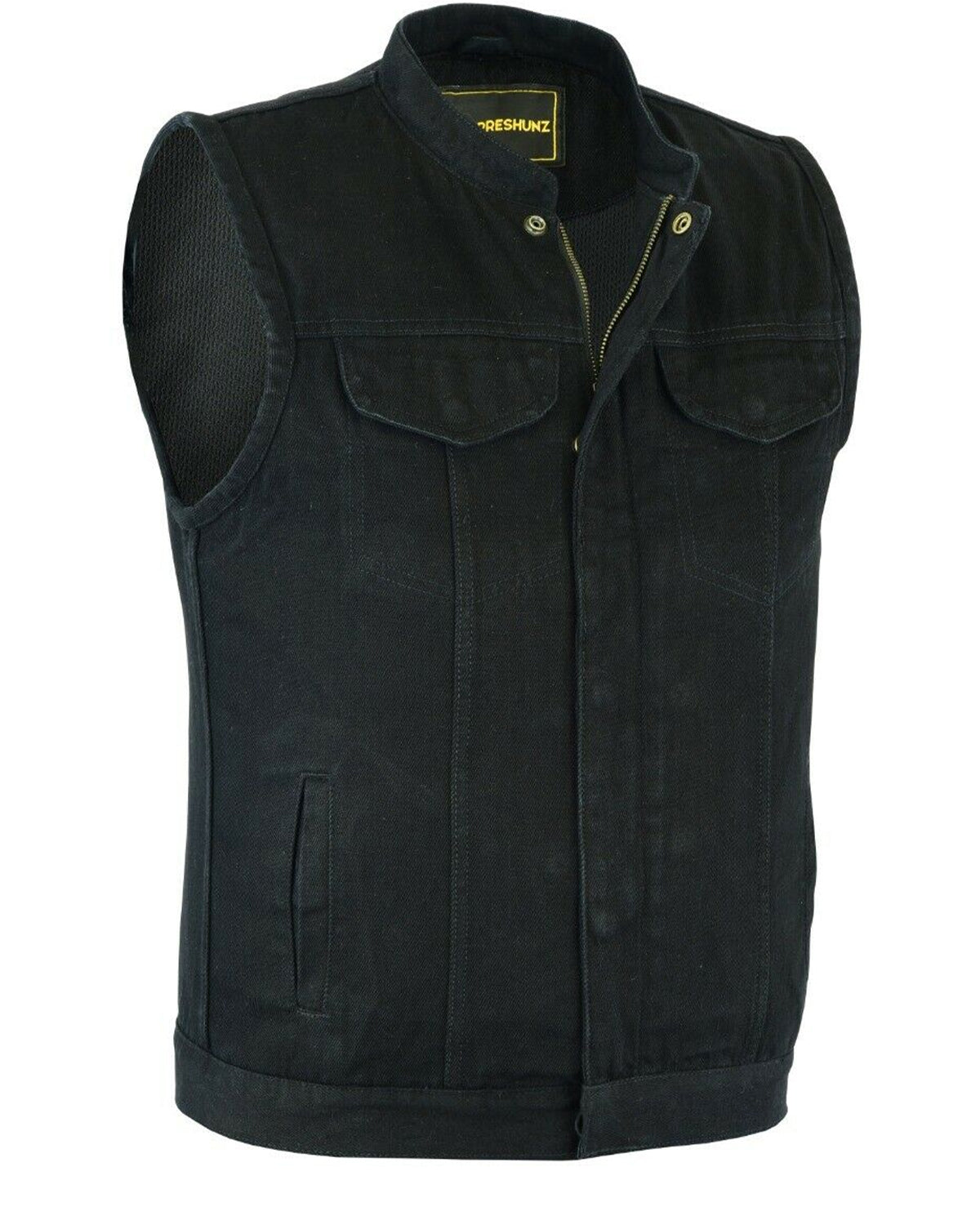 Men's Biker Denim Black Vest with Dual inside Gun Pockets