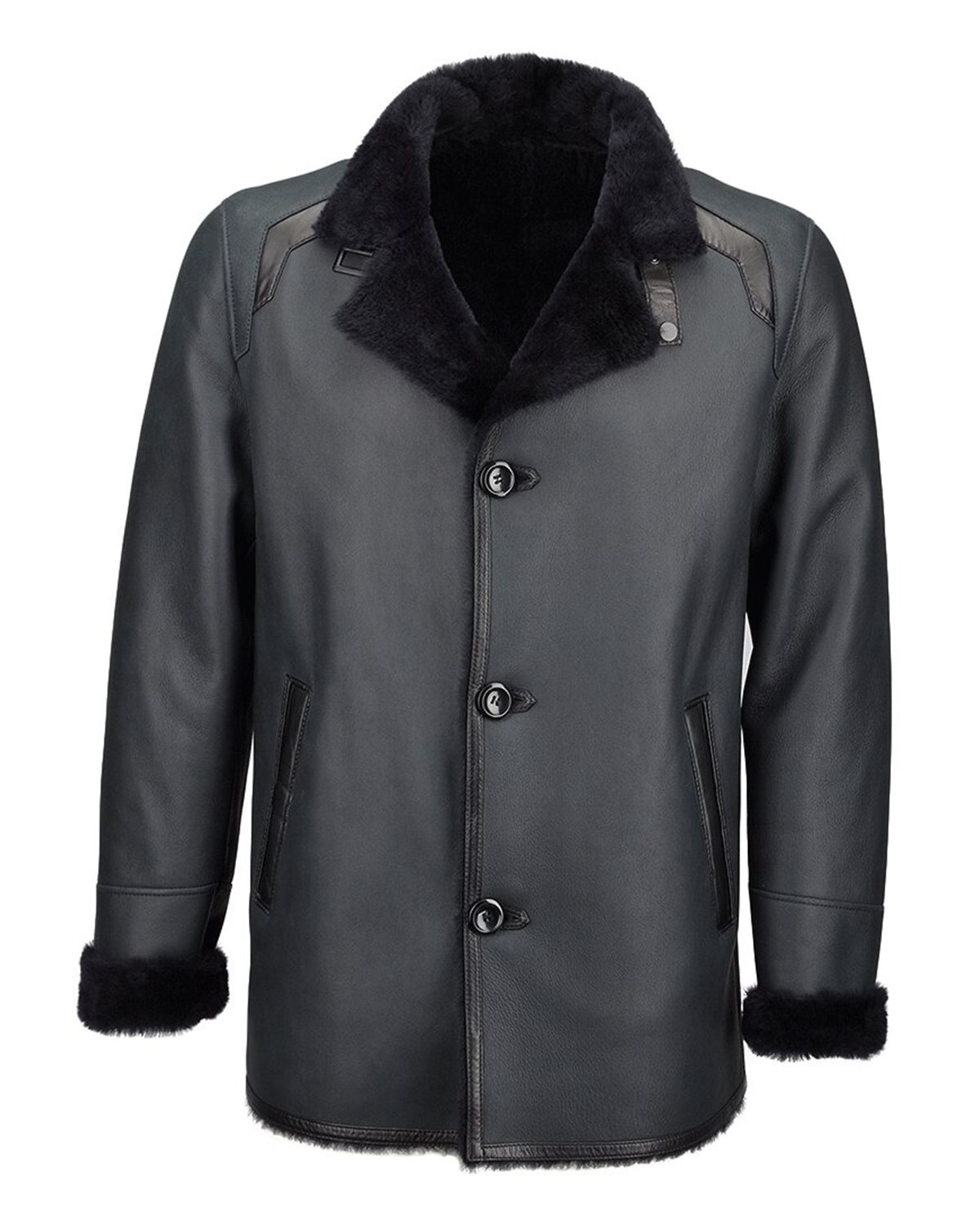 Single Breasted Men's Blue Sheepskin Leather Coat