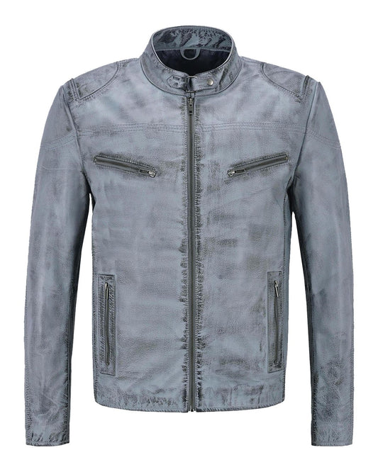 Men's Distressed Light Blue Retro Biker Leather Jacket