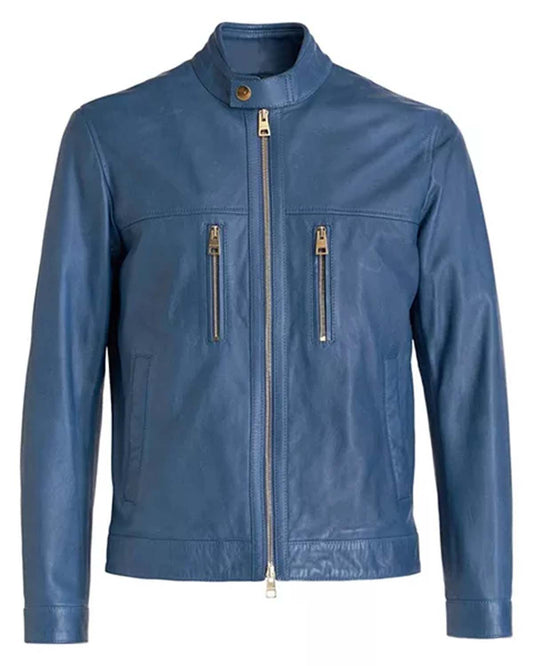 Men's Blue Cafe Racer Leather Jacket
