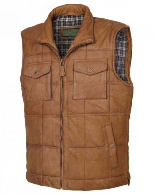 Men's Tan Leather Body Warmer Vest