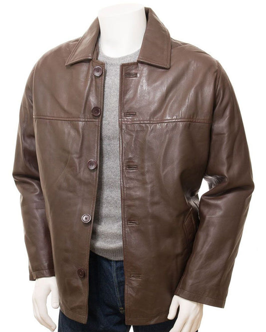 Men's Brown Reefer Style Genuine Sheepskin Leather Coat