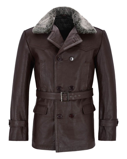 Men's German Real Leather Brown Peacoat Fur Collar