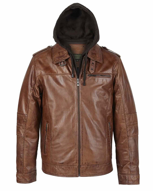 Men's Rust Hooded Brown Leather Jacket