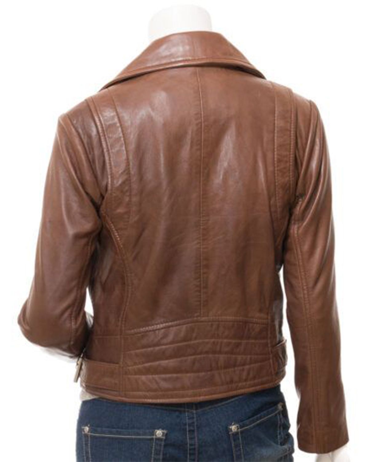Women's Cross Zip Brown Biker Genuine Sheepskin Leather Jacket