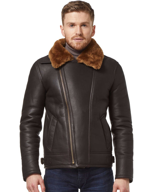 Men's Brown Ginger Aviator Bomber Cross Zipper Leather Jacket