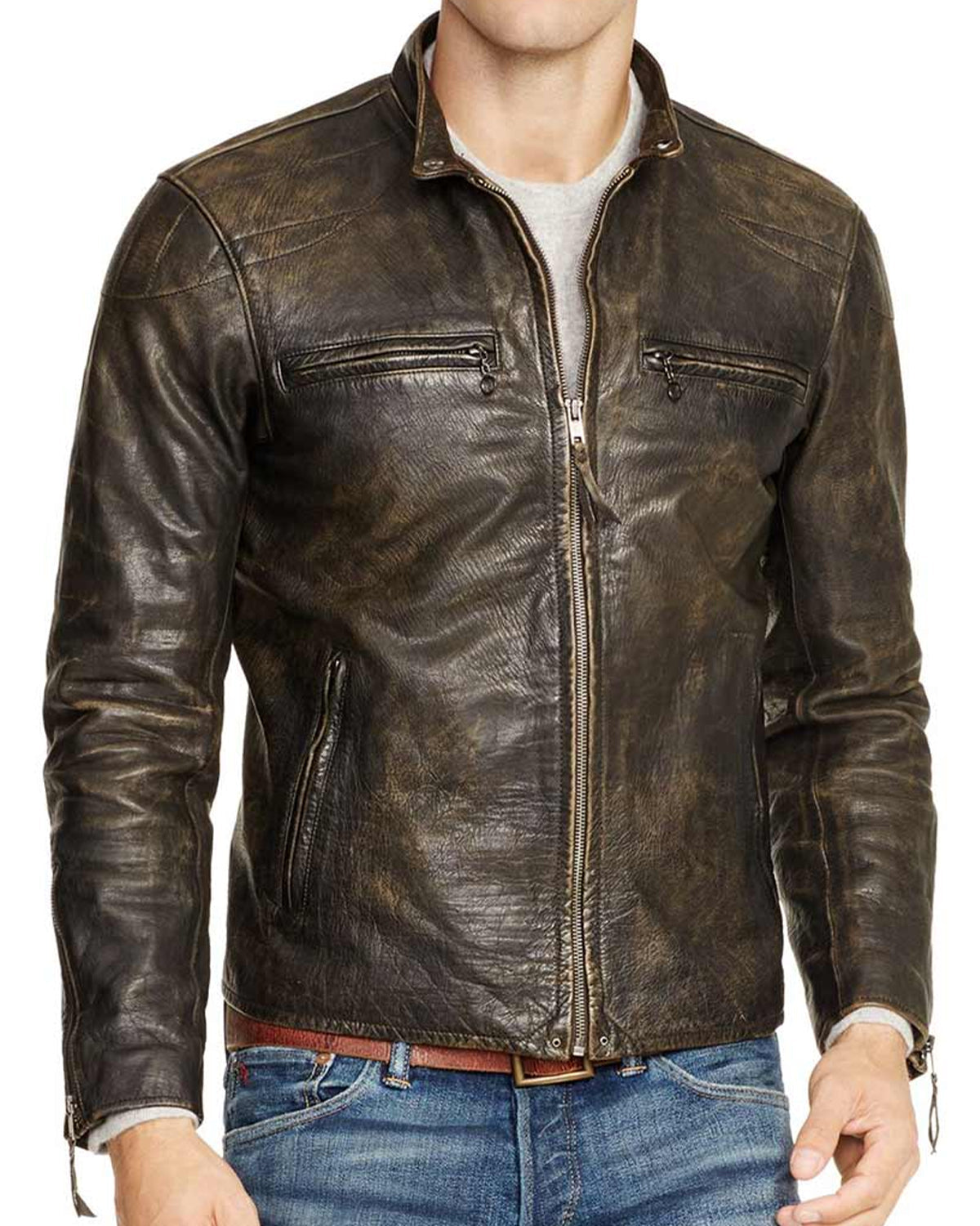 Men's Motorcycle Distressed Brown Leather Jacket