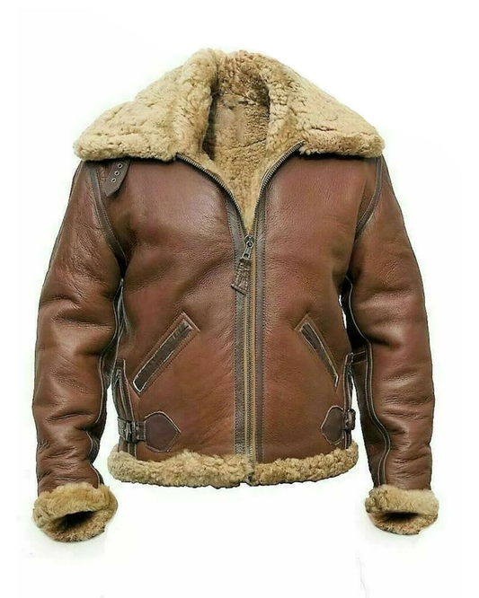 Men's Pilot Flying B3 Bomber Brown Air Force Aviator Fur Shearling Leather Jacket