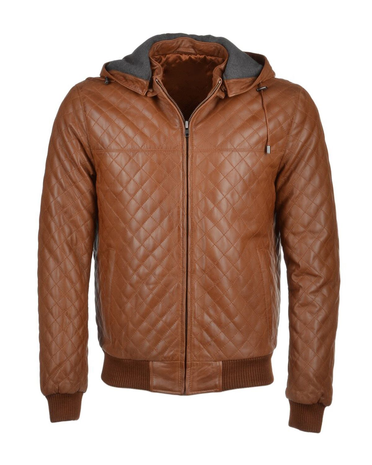 Men's Quilted Detachable Hooded Bomber Real Leather Jacket