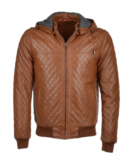 Men's Quilted Detachable Hooded Bomber Real Leather Jacket