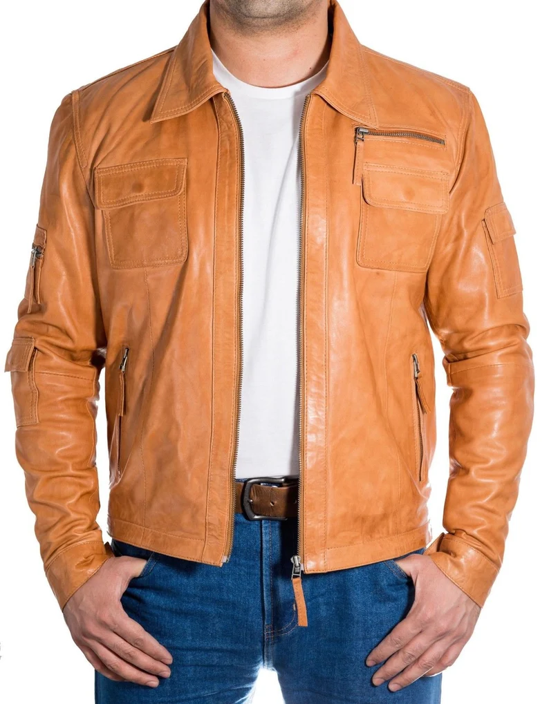 Men's Tan Brown Biker Shirt Collar Style Leather Jacket