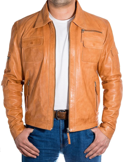 Men's Tan Brown Biker Shirt Collar Style Leather Jacket