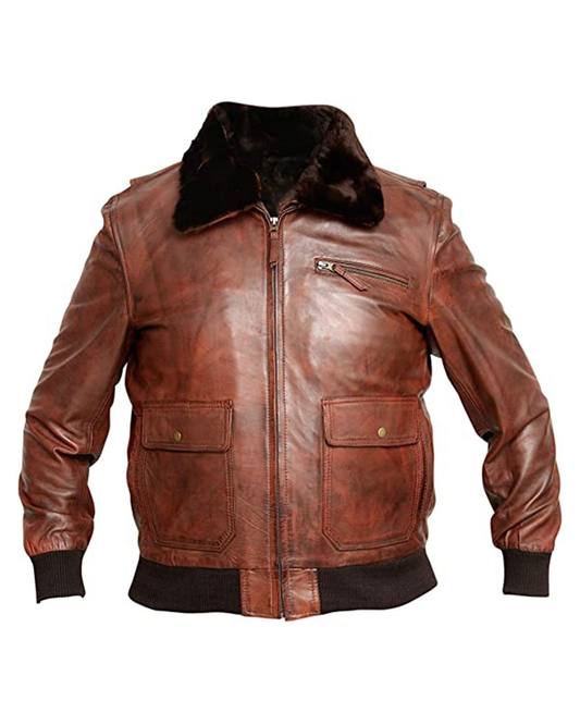 Men's G-1 Navy Distressed Brown Bomber Aviator Real Leather Jacket