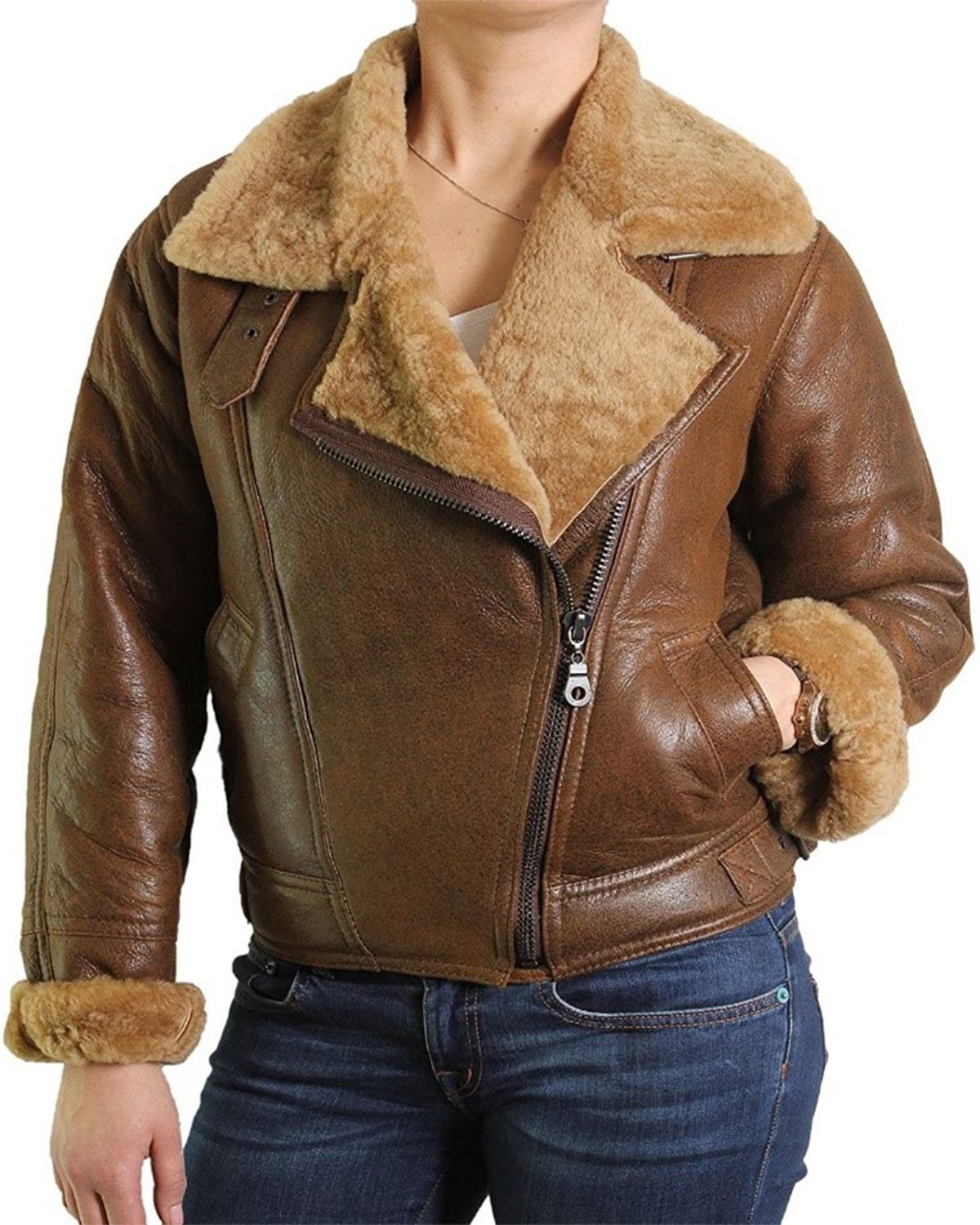 Women's Fur Shearling Flying Bomber Aviator Jacket