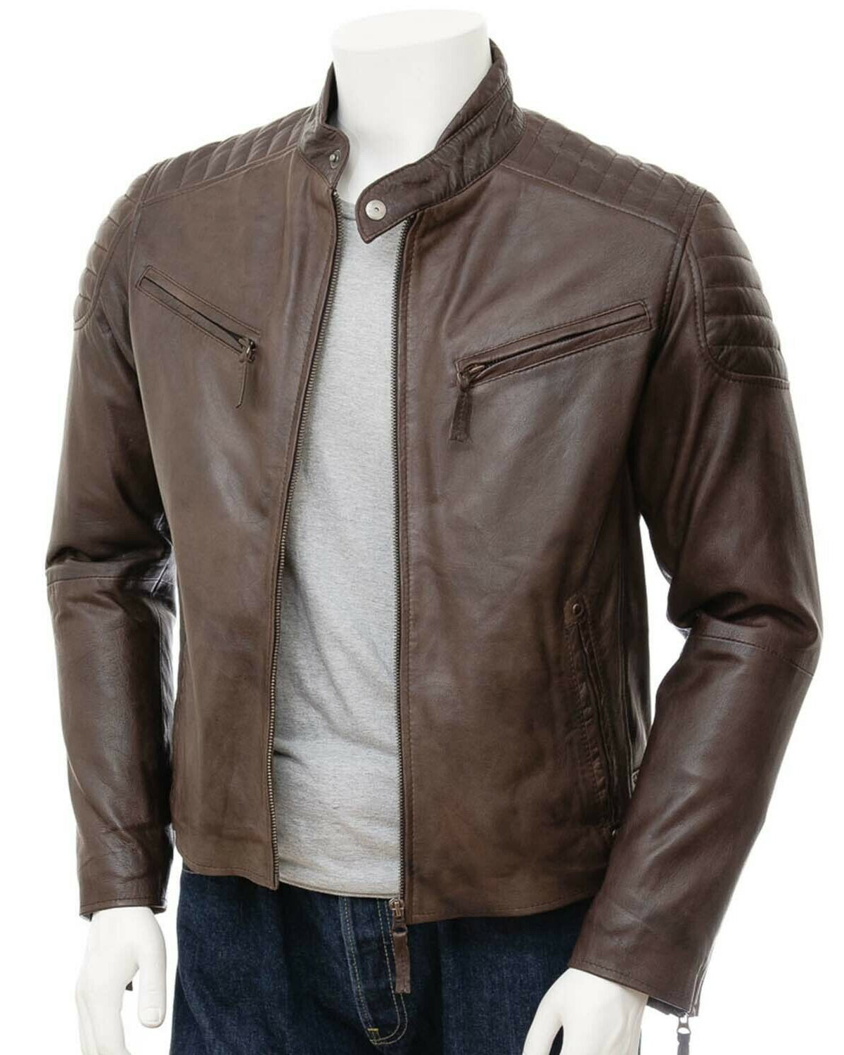 Fashion Moto Brown Leather Jacket Men's