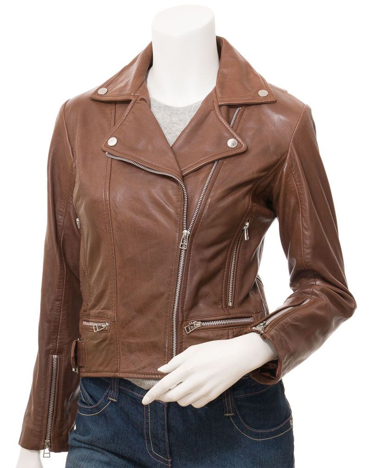 Women's Cross Zip Brown Biker Genuine Sheepskin Leather Jacket