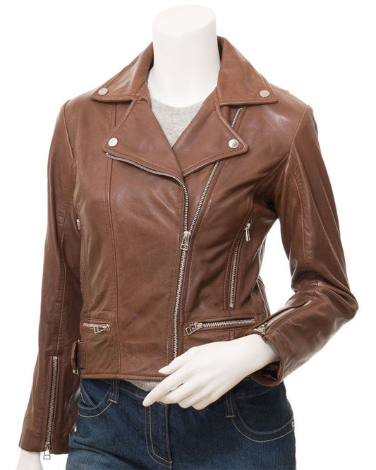 Women's Cross Zip Brown Biker Genuine Sheepskin Leather Jacket