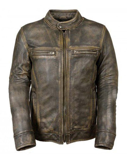 Men's Brown Cafe Racer Distressed Leather Jacket