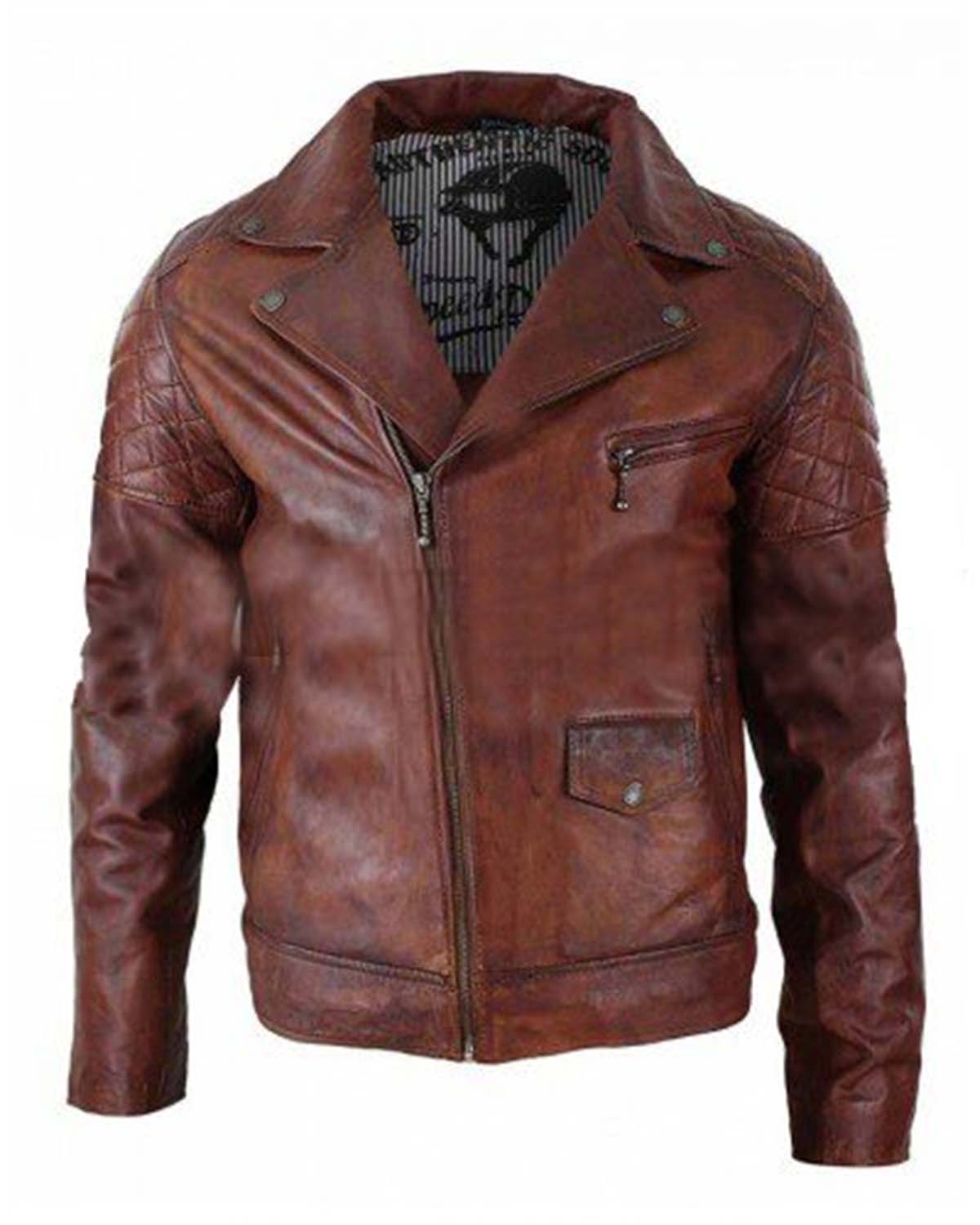 Brando Vintage Biker Cafe Racer Washed Distressed Brown Leather Jacket