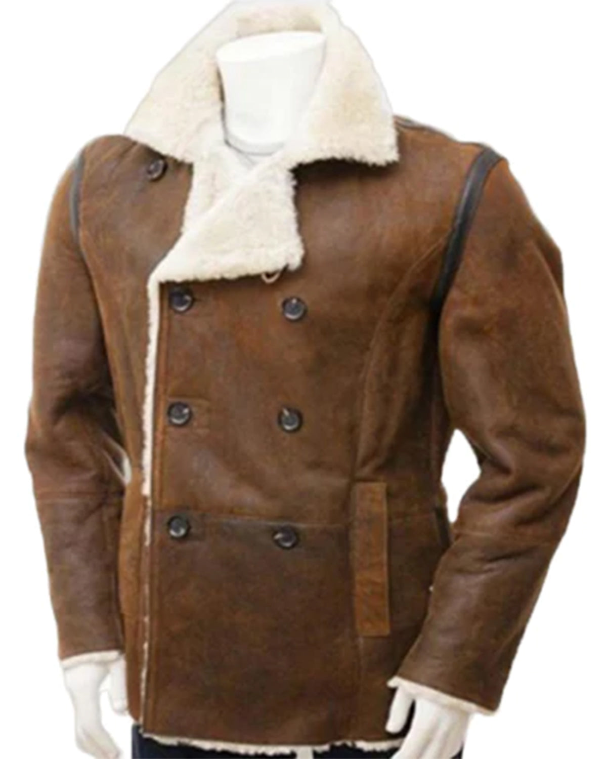 Men Double breasted Fur Shearling Distressed Brown leather Coat