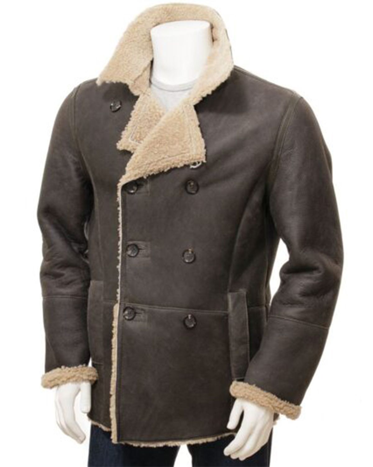 Men's Dark Brown Fur Shearling Leather Peacoat