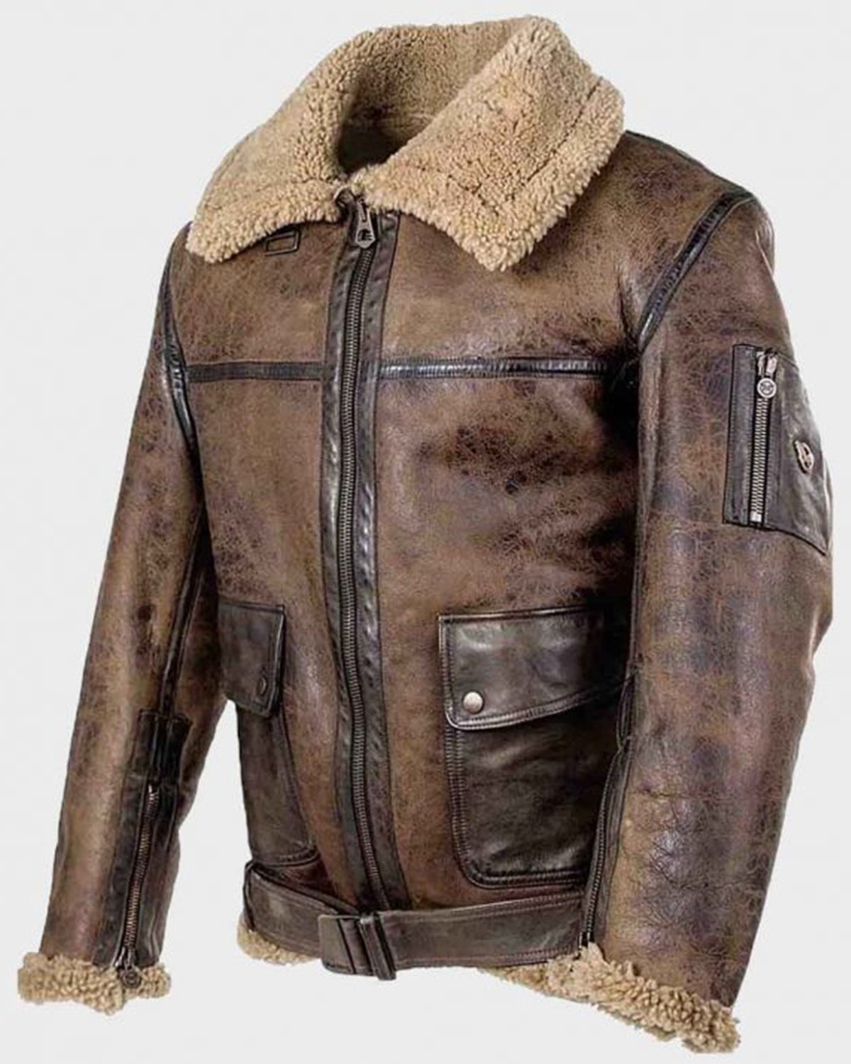 Men Brown Distressed Shearling Aviator leather Jacket
