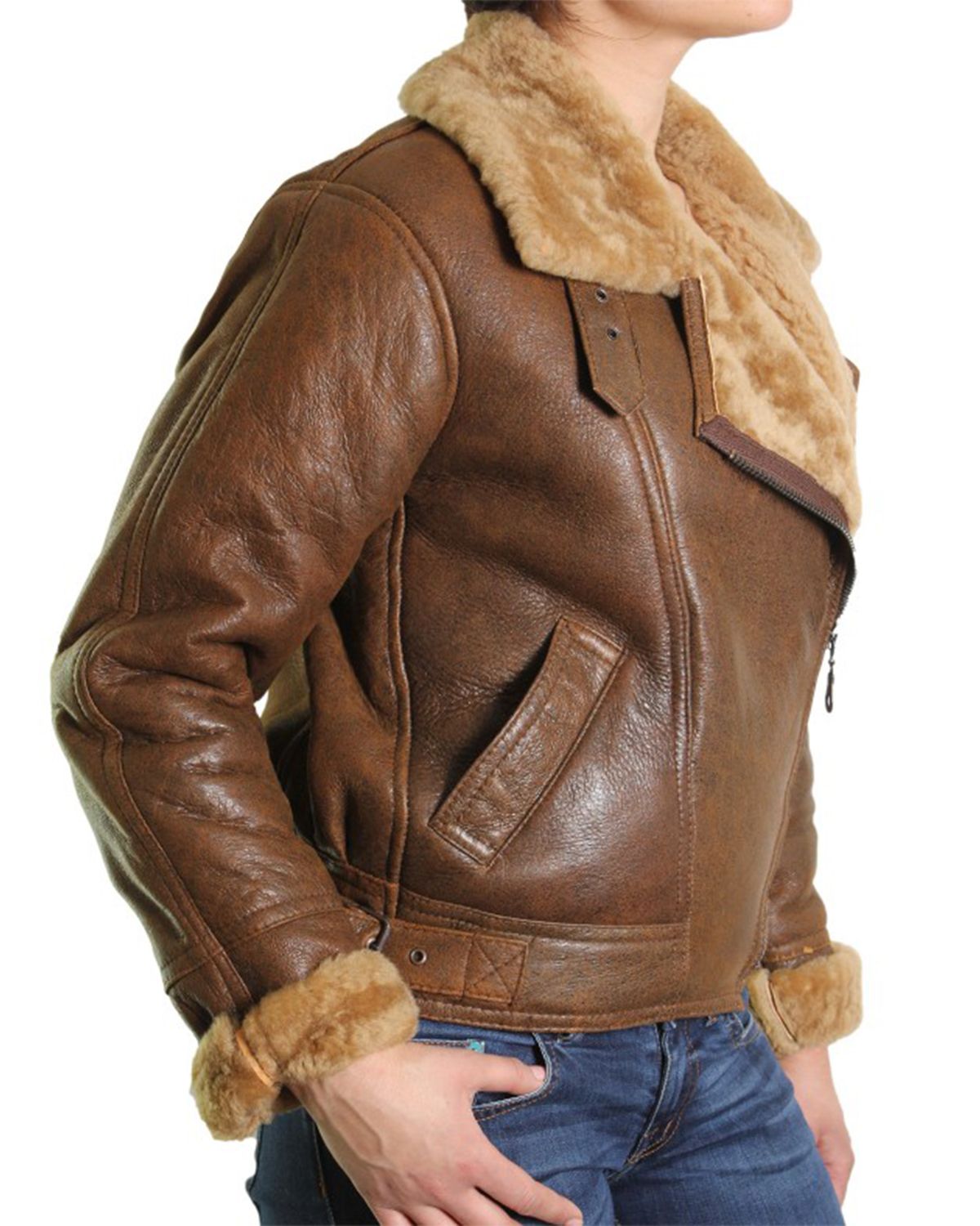 Women's Fur Shearling Flying Bomber Aviator Jacket