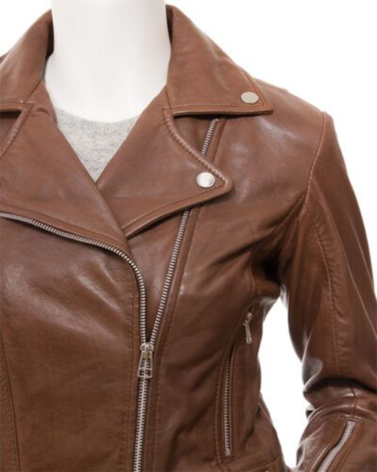Women's Cross Zip Brown Biker Genuine Sheepskin Leather Jacket