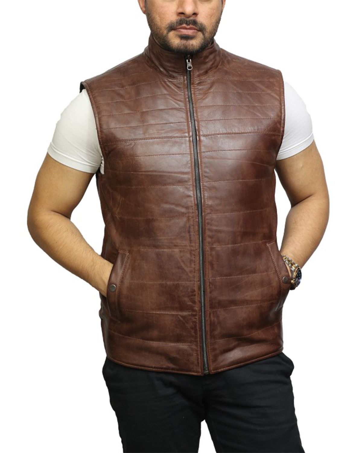 Men's Brown Leather Double-Sided Padded Vest