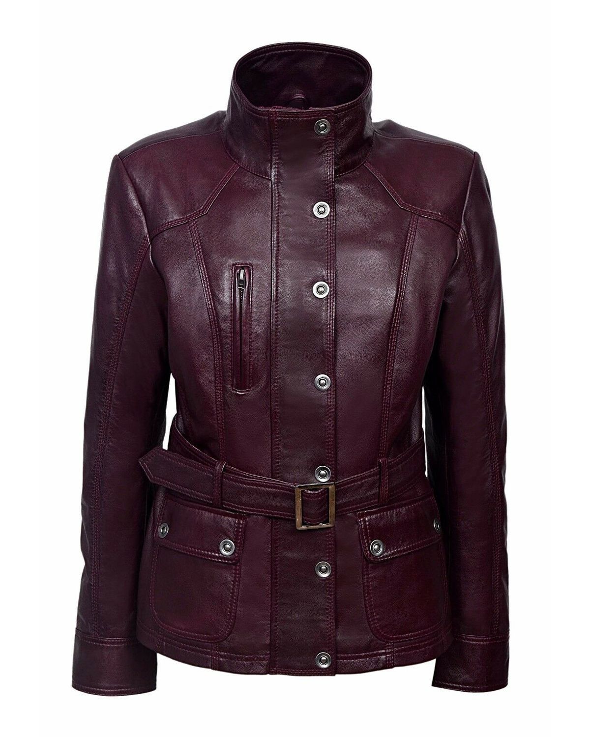 Military Style Cherry plum Slim Fit Leather Jacket