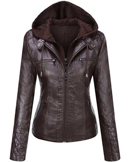 Women's Removable Hood Slim Fit Biker Real Leather Jacket