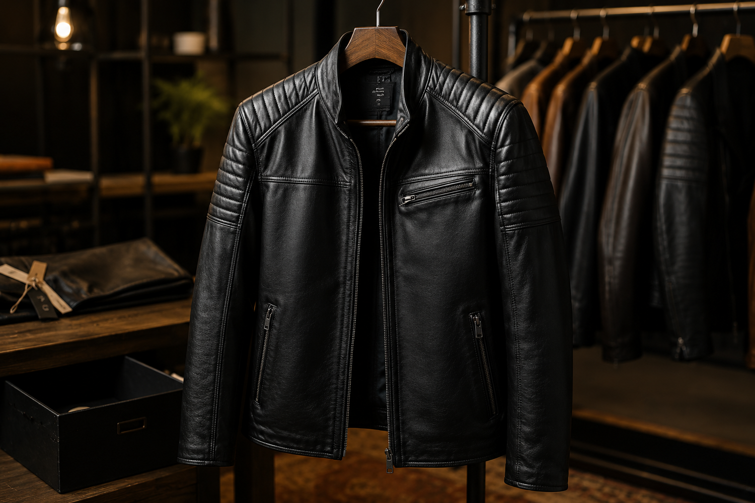 Black leather jacket on a hanger with a blurred background of more jackets and store elements.