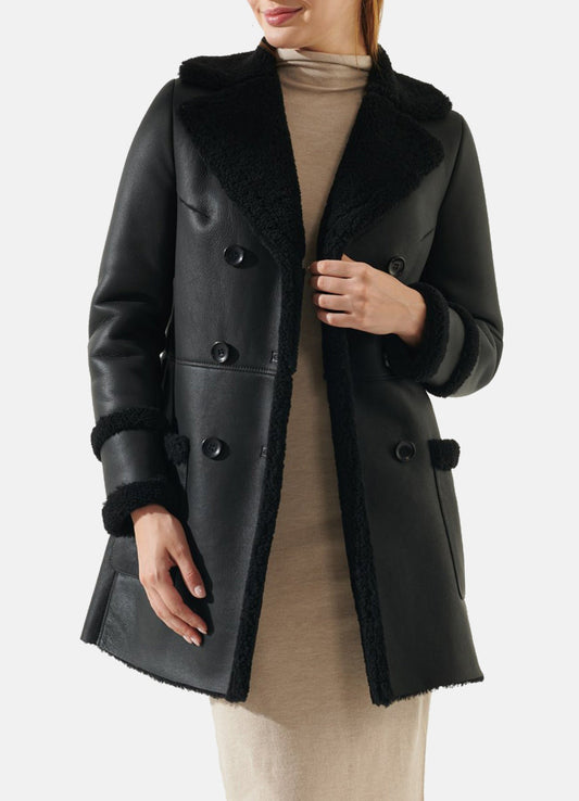 Women's Jet Black Shearling Leather Coat