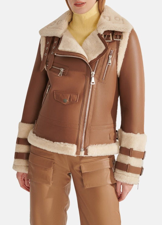 Women's Sports Brown Shearling Leather Jacket