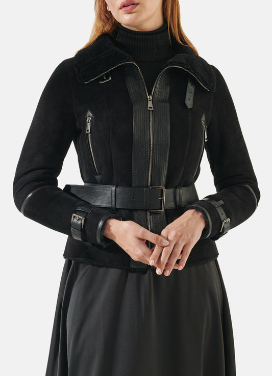Women's Jet Black Suede Shearling Leather Jacket