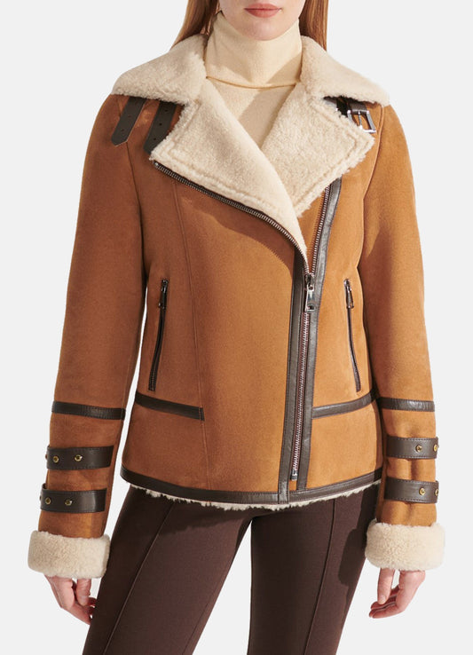 Women's Tan Suede Shearling Leather Jacket