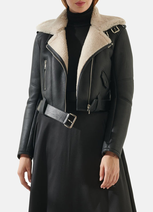 Women's Black Short Length Shearling Leather Jacket