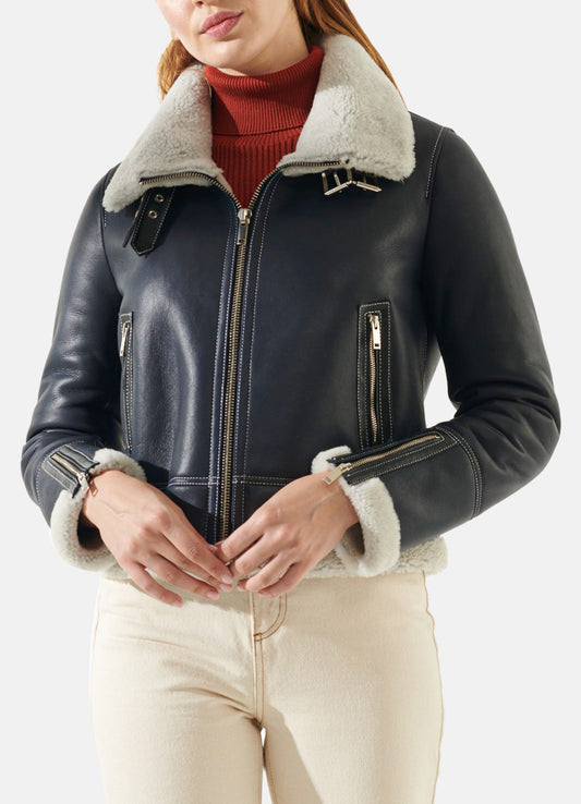 Women's Navy Blue Shearling Leather Jacket