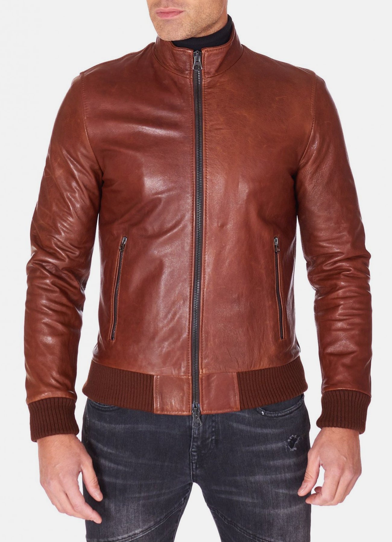 Men's Shiny Brown Bomber Leather Jacket