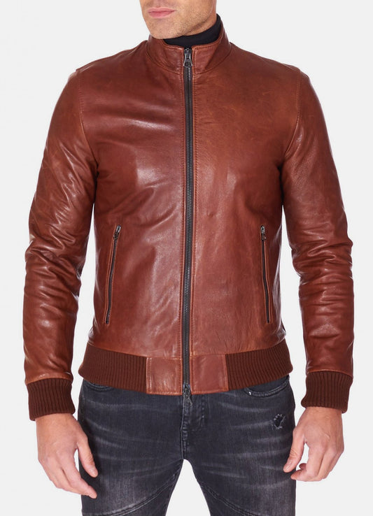 Men's Shiny Brown Bomber Leather Jacket