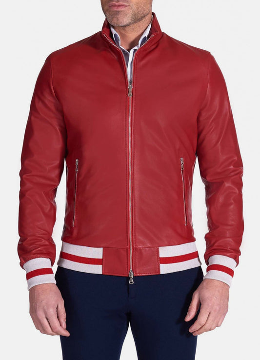 Men's Authentic Red Bomber Leather Jacket