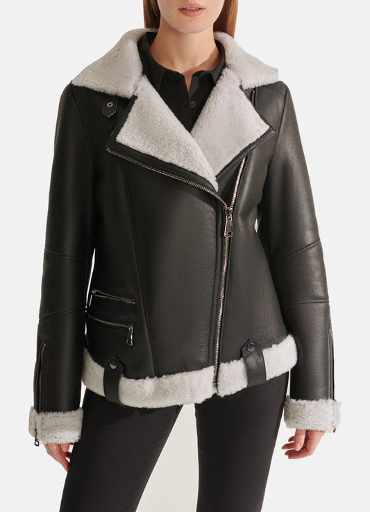 Women's Black Sport Shearling Leather Jacket