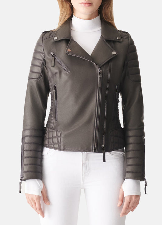 Women's Padded Black Biker Leather Jacket