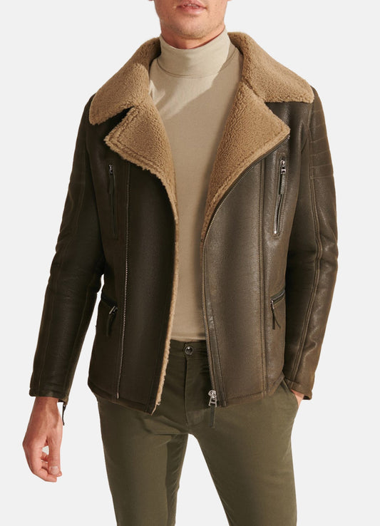 Men's Casual Moss Green Shearling Leather Jacket