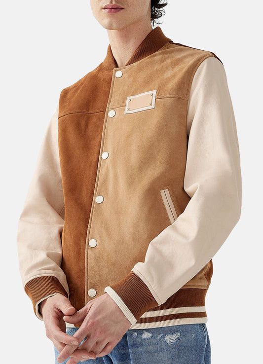 Men's Tan and Beige Suede Varsity Jacket