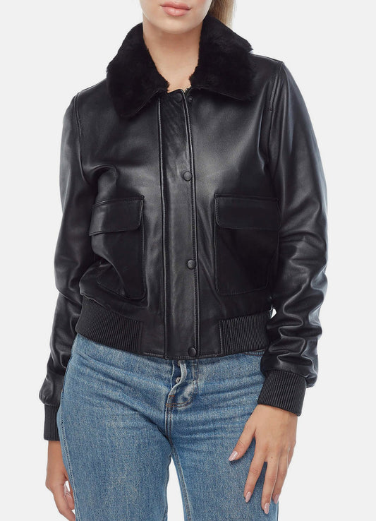 Women's Jet Black Bomber Leather Jacket