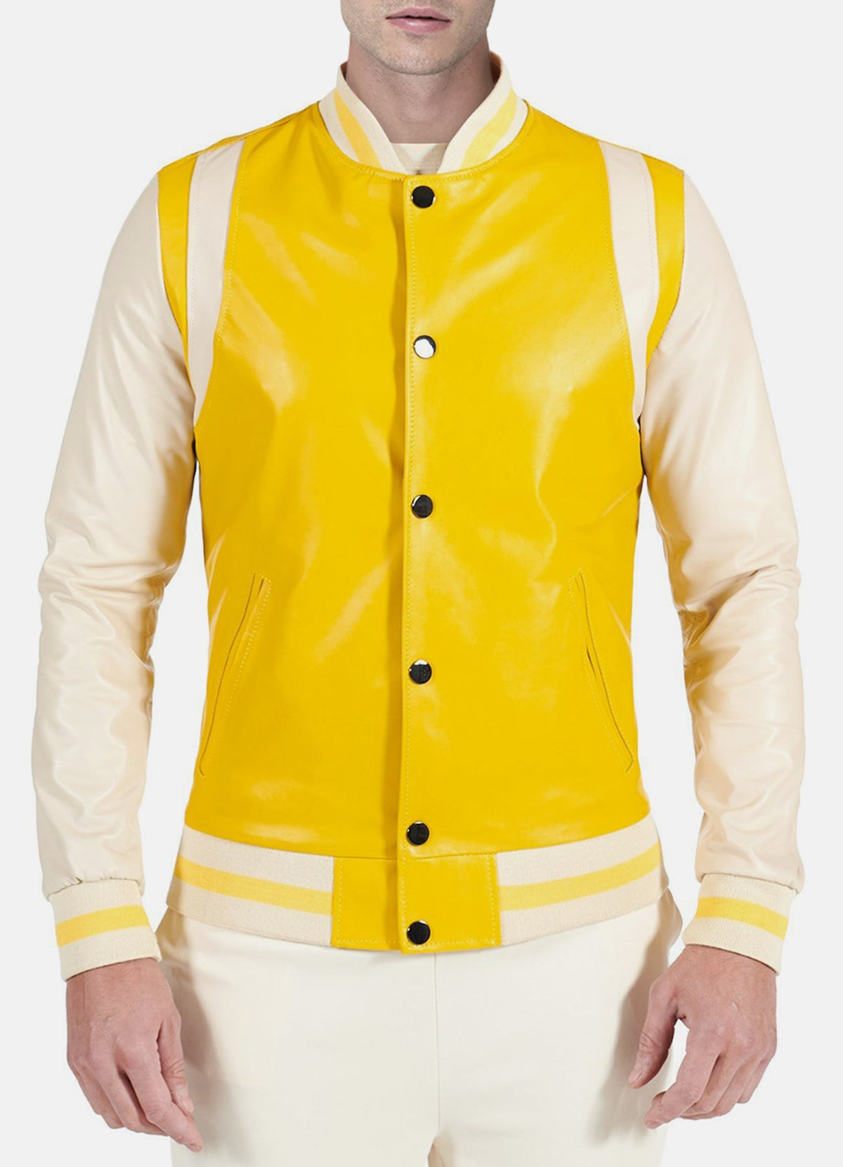 Men's Yellow Beige Leather Varsity Jacket