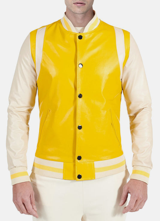 Men's Yellow Beige Leather Varsity Jacket